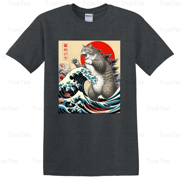 TrueTee10 Catzilla T-shirt with Funny Cat and Japanese Monster Parody Vibes, for Unisex, up to size 5XL.
