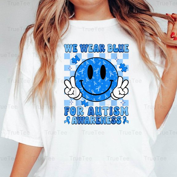 TrueTee11 I Wear Blue For Autism Awareness Month Men Women Kids Support Advocate Design Style T-Shirt, for Unisex, up to size 5XL.