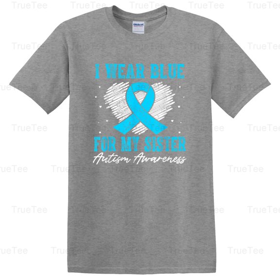 TrueTee11 I Wear Blue For My Sister Autism Awareness Support Advocate Family Puzzle Piece T-Shirt, for Unisex, up to size 5XL.