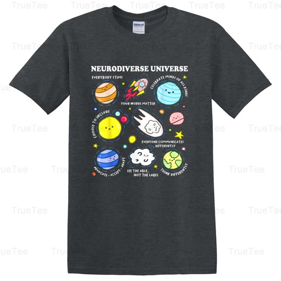TrueTee11 Kids Autism Awareness Neurodiverse Universe Neurodiversity Advocate Support Space T-Shirt, for Unisex, up to size 5XL.