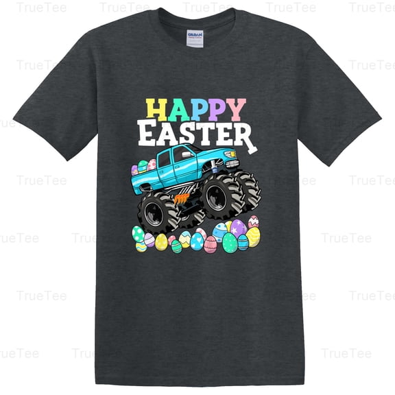 TrueTee11 Kids Boys Happy Easter Monster Truck Easter Eggs Toddler Celebration Vehicle Fun T-Shirt, for Unisex, up to size 5XL.