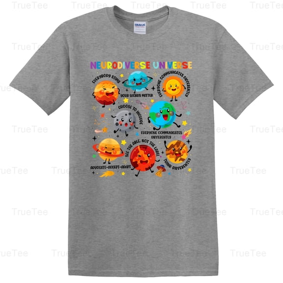 TrueTee11 Neurodiverse Universe Space Planet Special Education Teacher Autism Awareness T-Shirt, for Unisex, up to size 5XL.