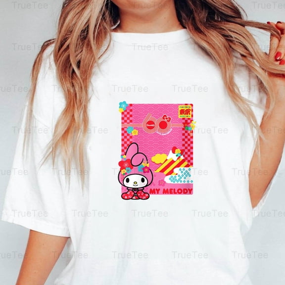 TrueTee12 Womens My Melody Sanrio 60th V Neck Graphic Design Style Cute Character Anniversary T-Shirt, for Unisex, up to size 5XL.