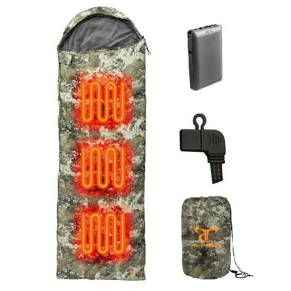 TrueTimber Strata Camo Heated Sleeping Bag – 3 Heat Settings, Rechargeable Power Bank, Coral Fleece Lining, Auto Shut-Off