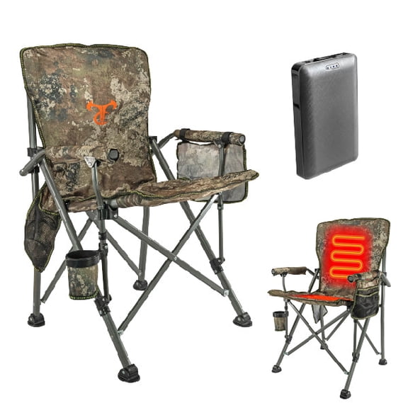 TrueTimber Strata Heated Camping Chair for Adults, Dual-Zone Seat & Back Warmth, 3 Heat Levels, Steel Frame Folding Outdoor Chair, Power Bank Included, 280 lbs Capacity, Storage Bag & Cup Holder
