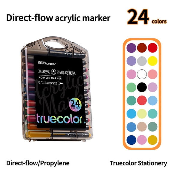 Truecolor 24 Colors Soft Tip Acrylic Paint Markers, Single Tip Paint Pens in PP Storage Case for Glass, Ceramic, Wood, Plastic, Canvas and Paper