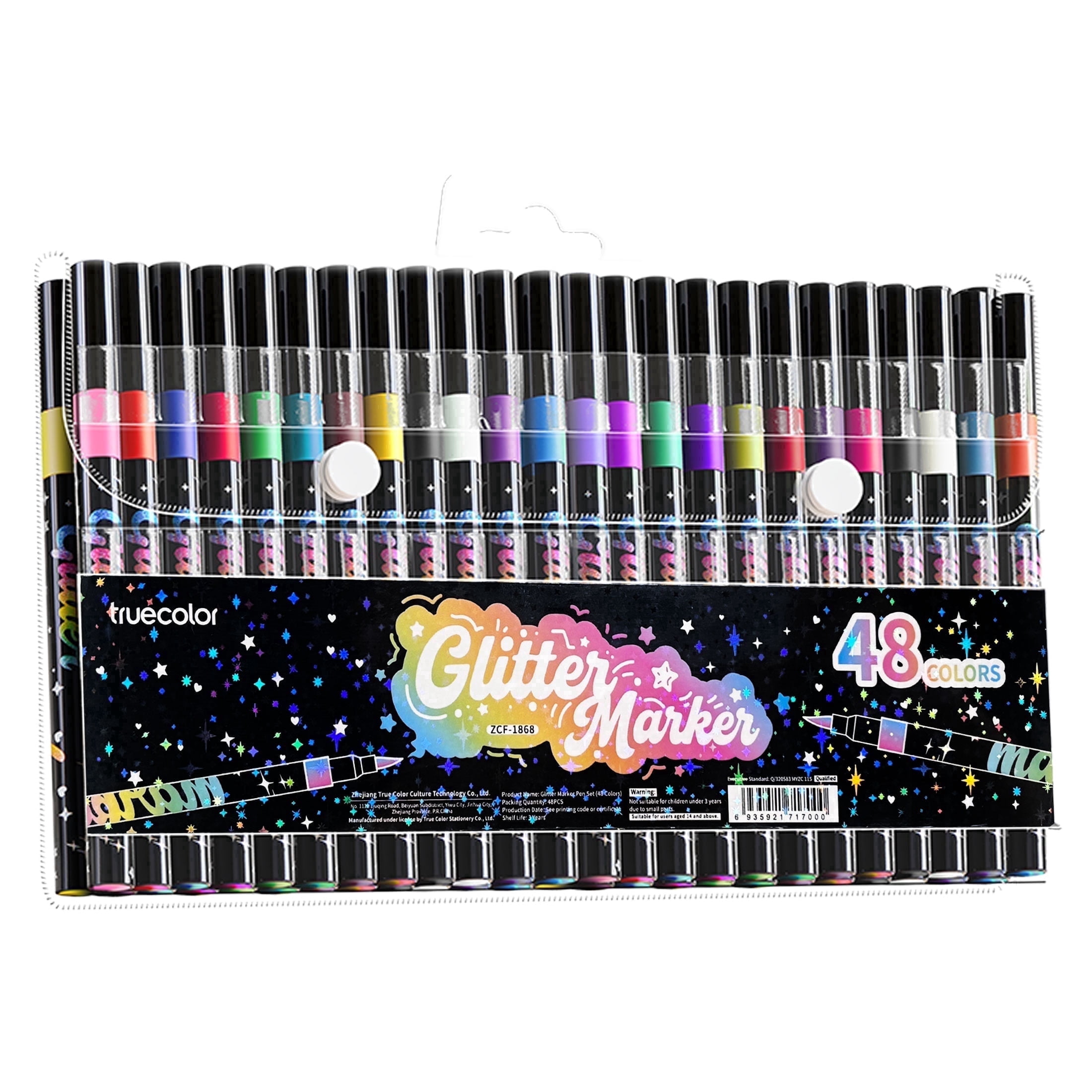 Truecolor Glitter Markers, 48 Colors, Water-Based Soft Tip, Non-Bleed, Fine & Broad Lines for Drawing Journaling Crafts