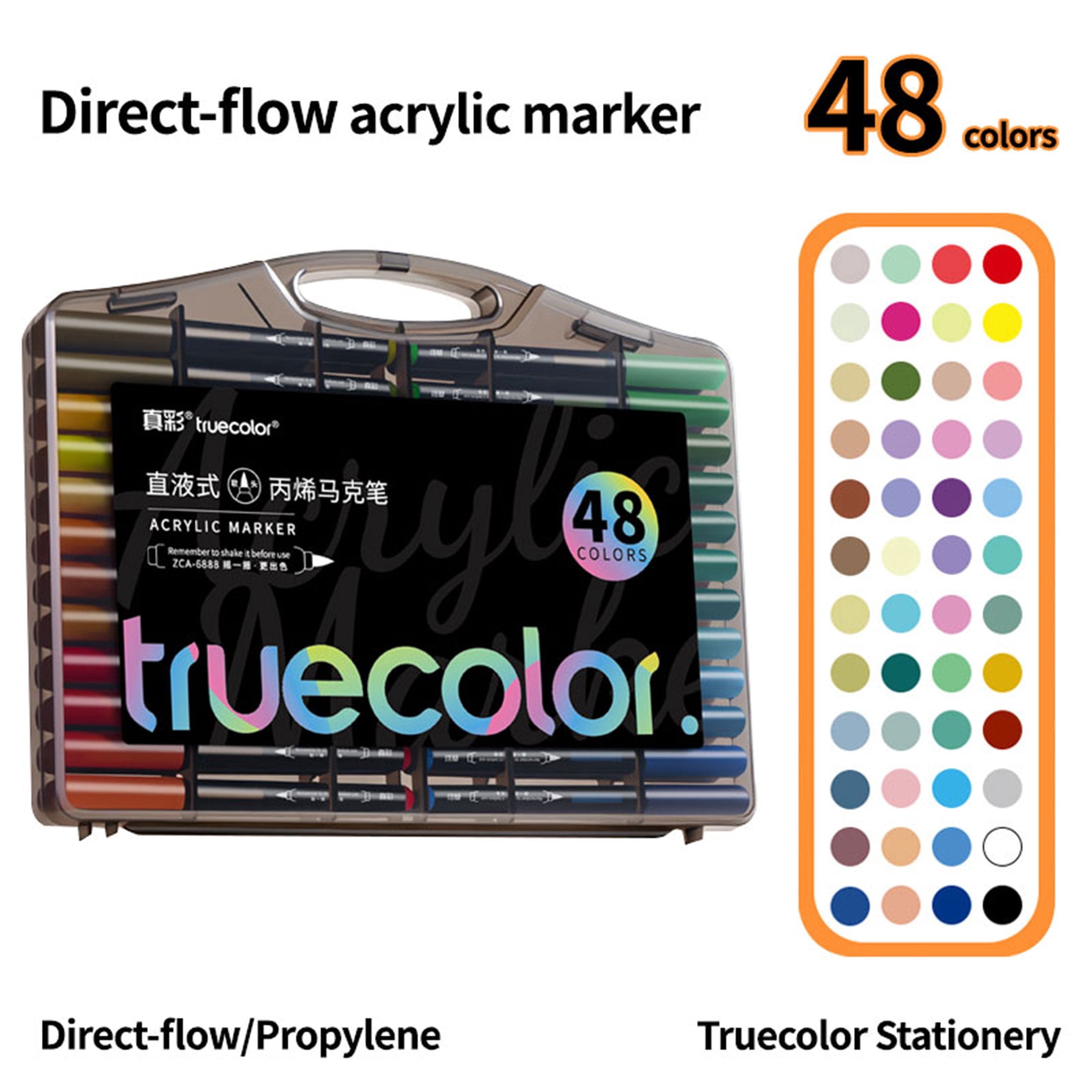 Truecolor 48 Colors Soft Tip Acrylic Paint Markers, Single Tip Paint Pens in PP Storage Case for Glass, Ceramic, Wood, Plastic, Canvas and Paper
