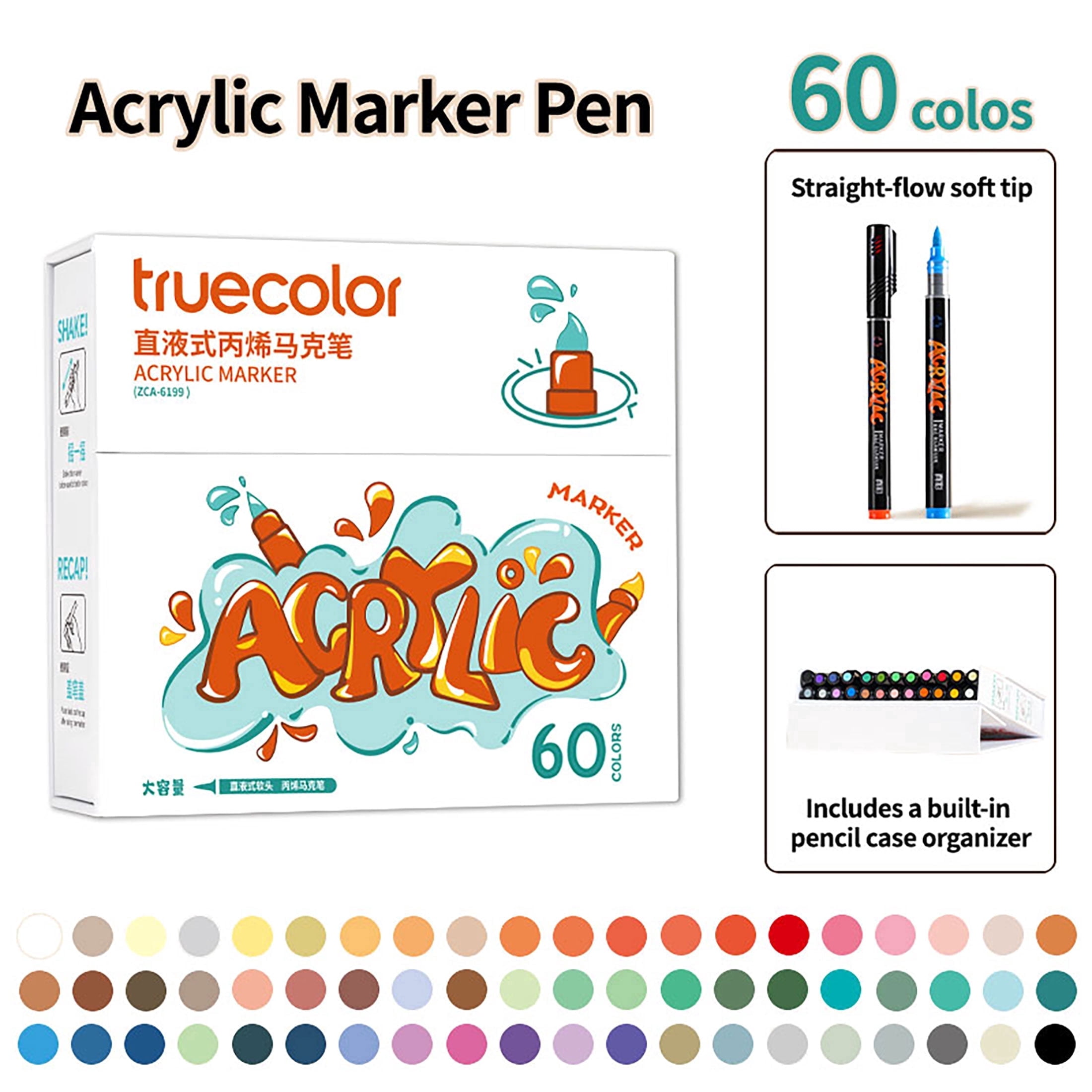 Truecolor 60 colors Acrylic Markers, Soft Tip Direct-Flow Paint Pens in Magnetic Box for Glass Wood Plastic Canvas