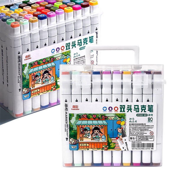Truecolor Oil Based Dual Tip Markers, Square Barrel Quick Drying Art Marker Portable Bucket Set