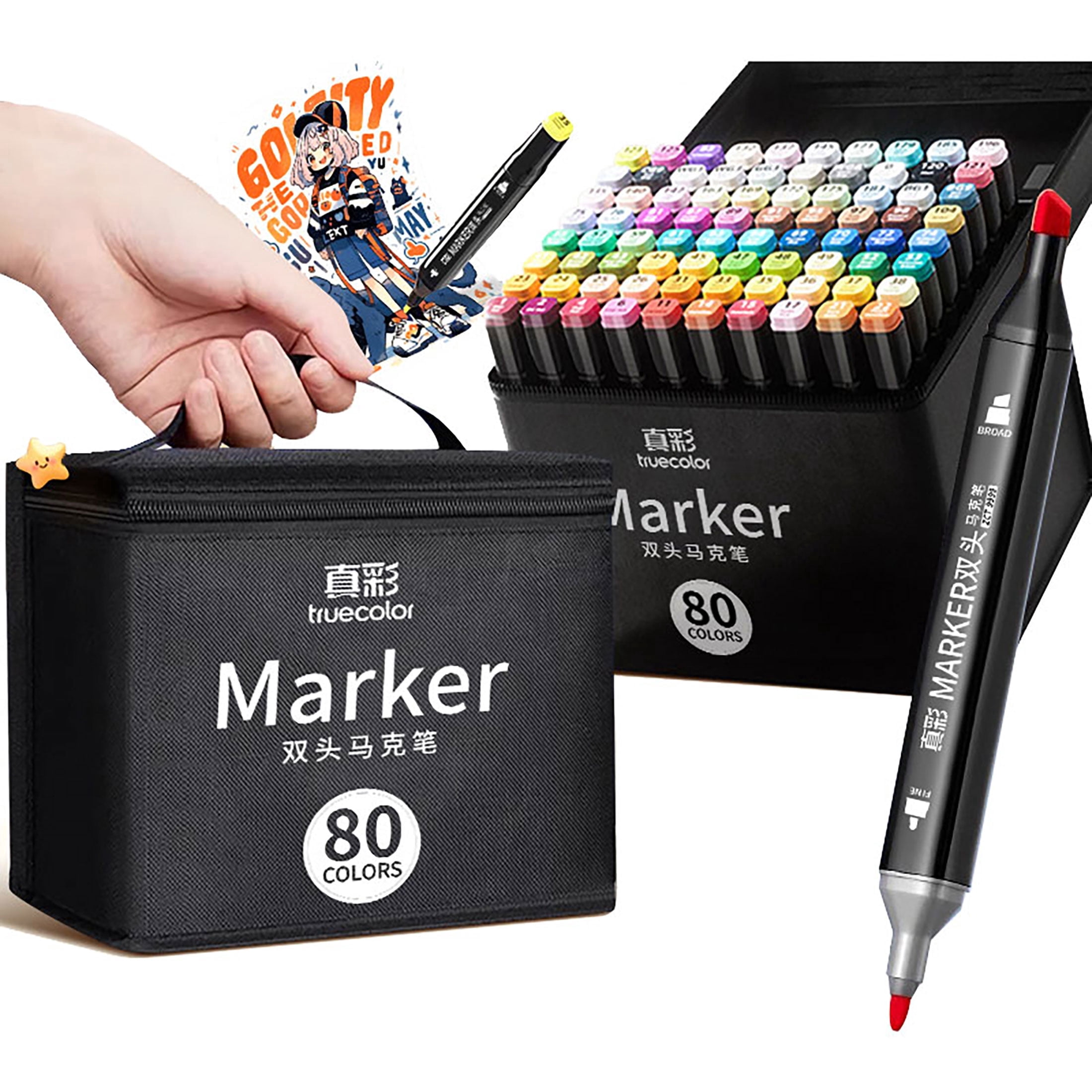 Truecolor ZCT-9999 Markers, Oil-Based Dual Tip, with Portable Bag for Students and Designers
