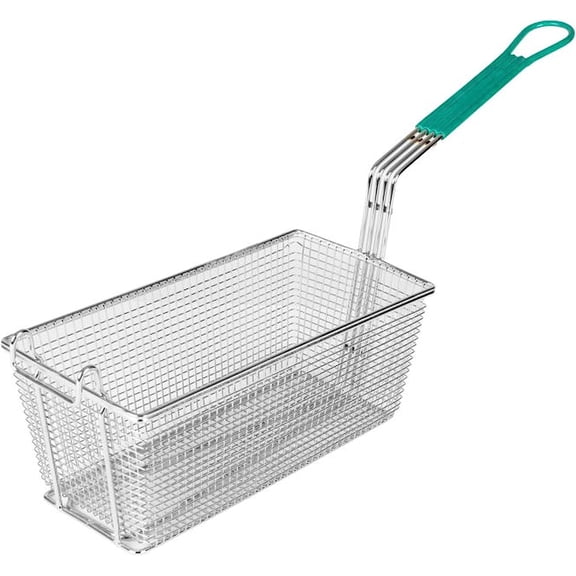 Truecraftware – 13" x 6-3/8" x 5-3/8" Rectangular Deep Fry Basket with Hook Heavy Duty Nickel Plated Iron with Green Coated Handle