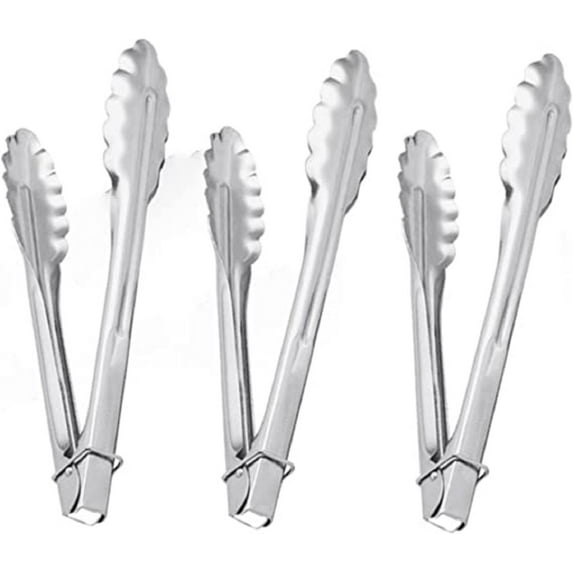 Truecraftware – Set of 3- Heavy Duty Stainless Steel 10" Flat Spring Utility Tong with Locking Ring - Food Tongs for Cooking Grilling Barbecue Buffet