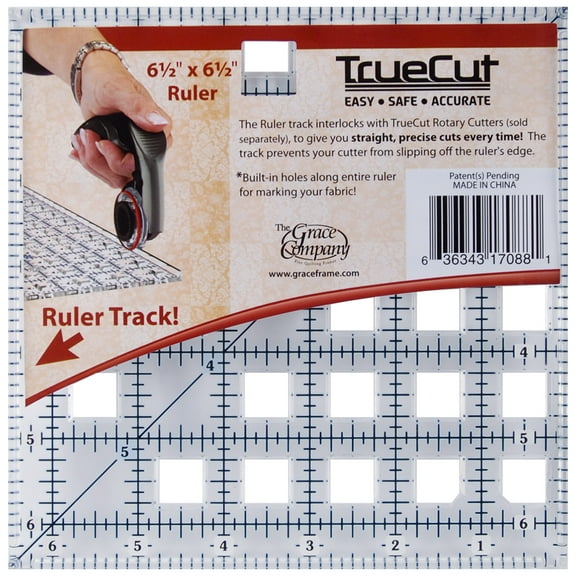 Truecut Square Ruler - 6.5"X6.5" Ruler With Track & Guide System - Works With Truecut My Comfort Rotary Cutter & Other Rotary Cutters - Great Ruler For Fabric, Arts, And Crafts