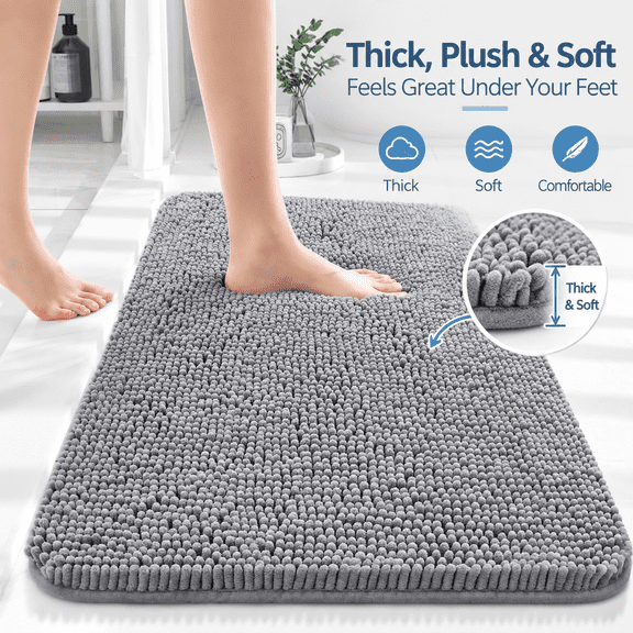 Truelife Chenille Bath Rug 30x20 Inches, Non-Slip Rubber Backing, Quick Dry Absorbent Microfiber Bath Mat, Machine Washable for Bathroom Floor, Gray