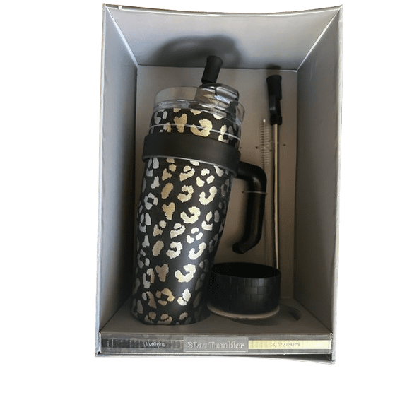 Trueliving 30 oz Double-Wall Stainless Steel Tumbler Gift Set, Black Leopard