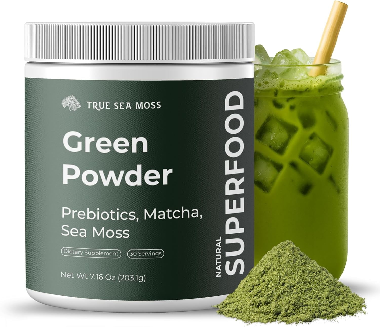 TrueSeaMoss Organic Greens Powder with Matcha Digestive & Gut Health Support, 25 Superfoods with Probiotics, Prebiotics, Enzymes & Sea Moss Vegan Powder for Bloating & Regularity 30 Servings