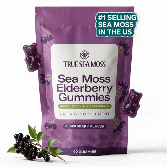 True Sea Moss Sea Moss Elderberry Gummies Immune Support, Energy Boost, Skin & Hair Health, with Magnesium, Burdock Root & Bladderwrack 60 Vegan Gummies
