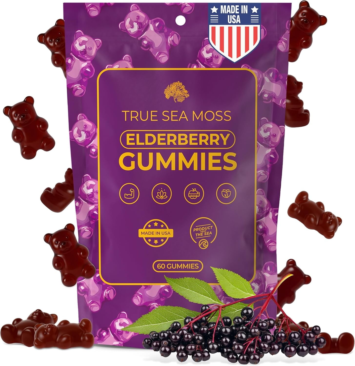 TrueSeaMoss Sea Moss Elderberry Gummies Immune Support, Energy Boost, Skin & Hair Health, Detox with Magnesium, Burdock Root & Bladderwrack 60 Vegan Gummies, Made in the USA