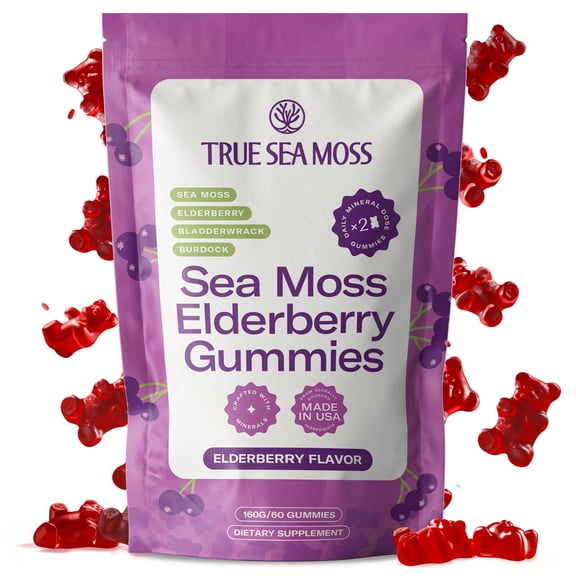 TrueSeaMoss Sea Moss Elderberry Gummies – Immune Support, Energy Boost, Skin & Hair Health, Detox with Magnesium, Burdock Root & Bladderwrack – 60 Vegan Gummies