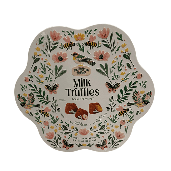 Truffettes de France Milk Truffles Assortment, Milk Chocolate Truffles with Hazelnut & Almond Pieces, 14 oz Tin