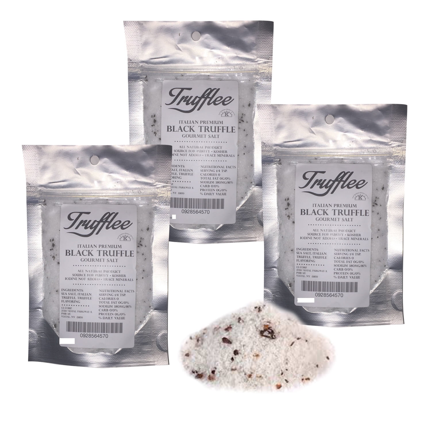 Truffle Salt  - Mouthwatering Topping - Black Truffles & Kosher Sea Salt Perfectly Combined - Highly Rated - 6 oz total, Approx. 144 Servings