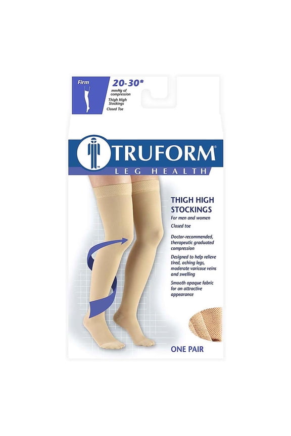 Truform 20-30 mmHg Compression Stockings for Men and Women, Thigh High Length, Dot Top, Closed Toe, Beige - Large