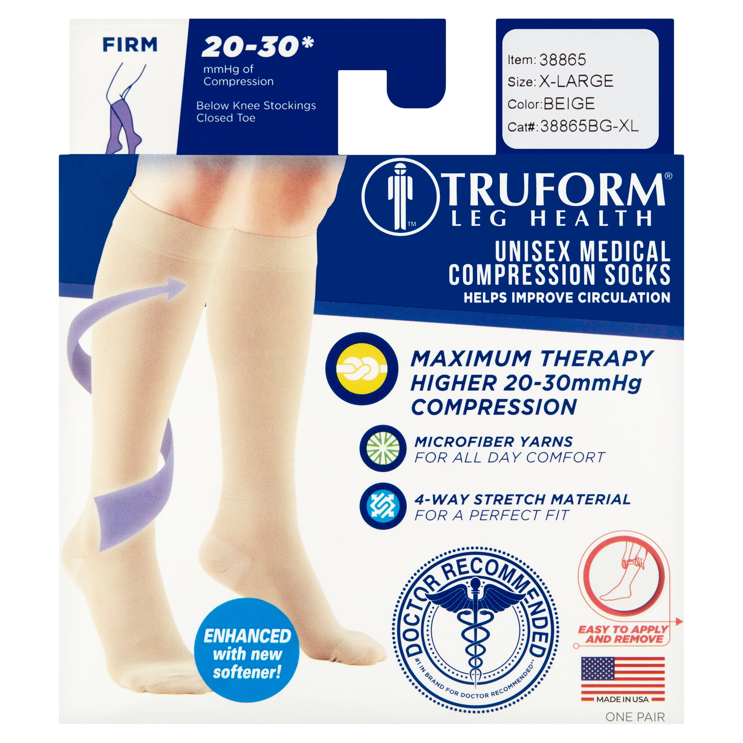 Truform Firm Strength Compression Socks, 20-30 Mmhg, Unisex, Knee High,  Closed Toe, Beige, X-Large 