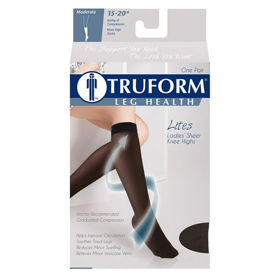 Truform Sheer Compression Stockings, 15-20 mmHg, Women's Knee High Length, 20 Denier, Black, X-Large