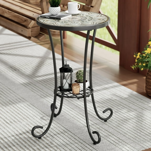 Trulisa Outdoor Patio Round Side Table with Shelf, Ceramic Tile, Iron, Black + Brown