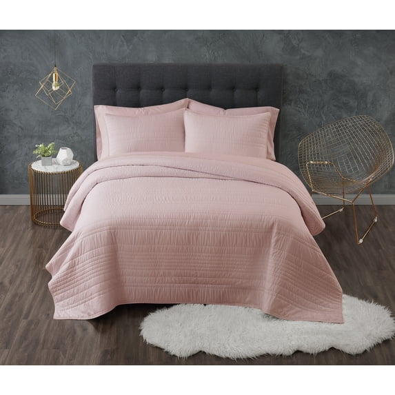 Truly Calm Antimicrobial 100% Microfiber Polyester Blush 3-Piece Full/Queen Quilt Set, Solid Casual themed, Adult Bedding, OEKO-TEX Certified