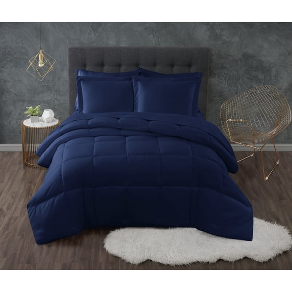 Truly Calm Antimicrobal 100% Microfiber Polyester Down Alternative Navy 3-Piece King Comforter Set, Solid Casual themed, Adult Bedding, OEKO-TEX Certified