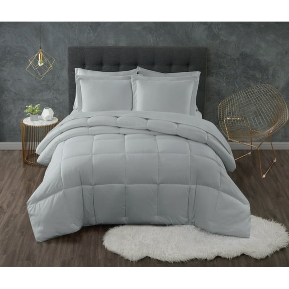 Truly Calm Antimicrobal 100% Microfiber Polyester Down Alternative Grey 3-Piece Full/Queen Comforter Set, Solid Casual themed, Adult Bedding, OEKO-TEX Certified