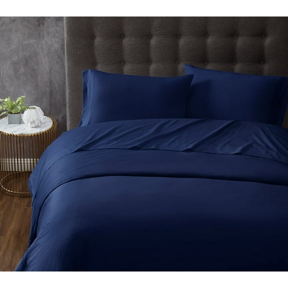 Truly Calm Antimicrobial 100% Microfiber Polyester Deep Pocket 4 Piece Queen Sheet Set in Navy, All Season, Adult Size, OEKO-TEX Certified
