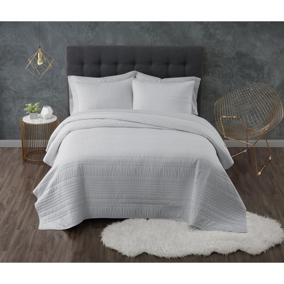 Truly Calm Antimicrobial 100% Microfiber Polyester Grey 3-Piece Full/Queen Quilt Set, Solid Casual themed, Adult Bedding, OEKO-TEX Certified