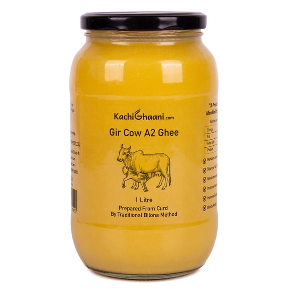 Gir Cow A2 Ghee, Bilona Ghee Hand Churned from Curd, Slow Cooked Desi Ghee, Glass Jar, 33.8 fl oz (1 L)
