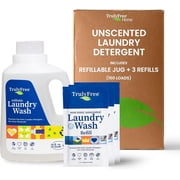 Truly Free Laundry Wash Detergent for Sensitive Skin, Gentle & Safe for Baby Clothes | Plant-Based, Natural Ingredients | Unscented | Include 1 Refillable Bottle (150 Loads)