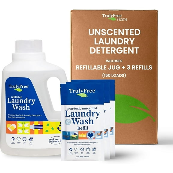Truly Free Laundry Wash Detergent for Sensitive Skin, Gentle & Safe for Baby Clothes | Plant-Based, Natural Ingredients | Unscented | Include 1 Refillable Bottle (150 Loads)