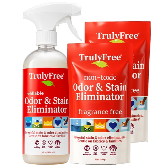 Truly Free Multi-Purpose Odor & Stain Eliminator, Pet Odor Eliminator for Home & Stain Remover for Carpet, Couch, Rugs & More, Upholstery Deodorizer, Includes 1 Empty Bottle Spray & 2 Refill (3 oz ea