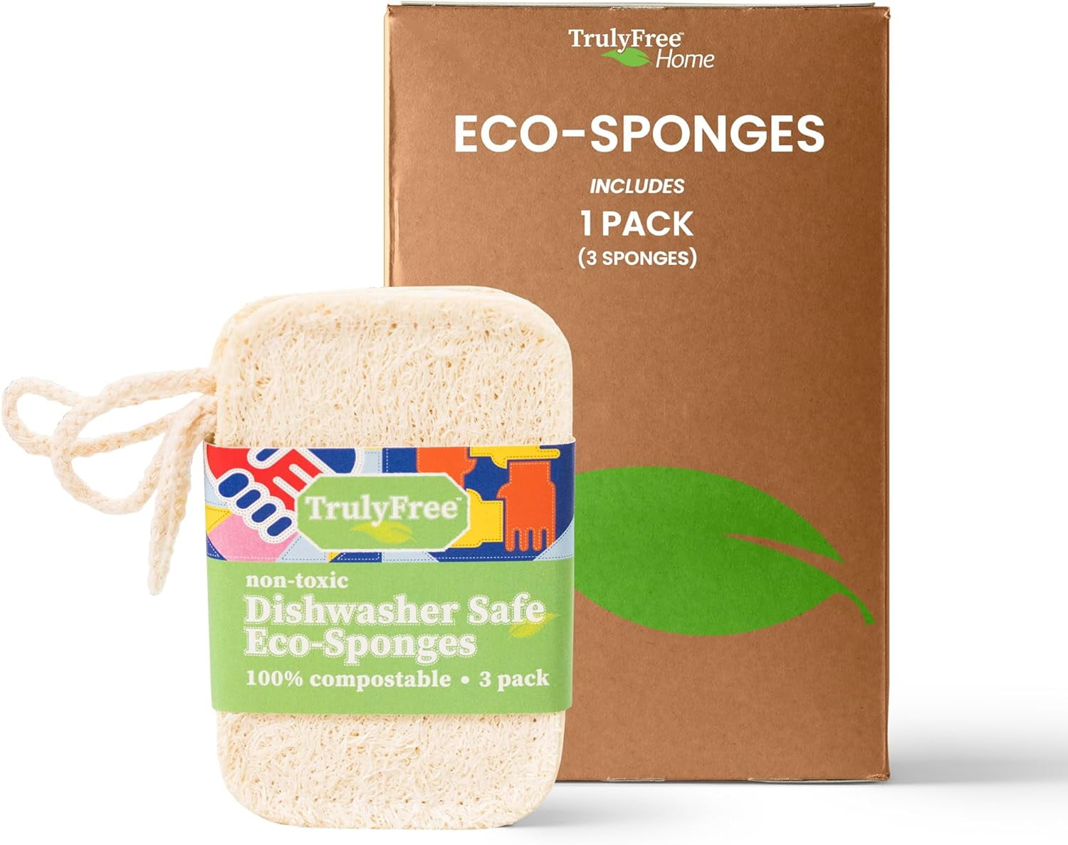Truly Free Natural Cleaning Sponges, 100% Organic Luffa Dish Scrubber, Plant-Based Compostable Kitchen Dishwasher Sponge, Cleans Sink, Grout & Tile, Non Scratch Scouring Pad - 4.4 x 2.8 in, Pack of 3