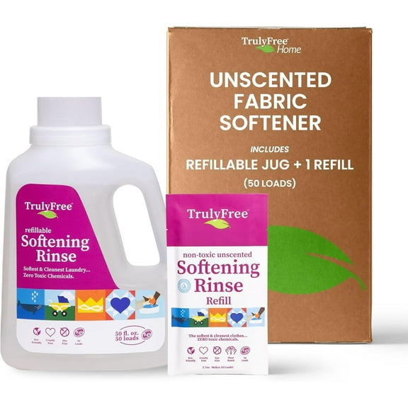 Truly Free Natural Fabric Softener | Easy Powder to Liquid | 1 Pack Fabric Softener + 1 Refillable Jug, Unscented | 50 Loads