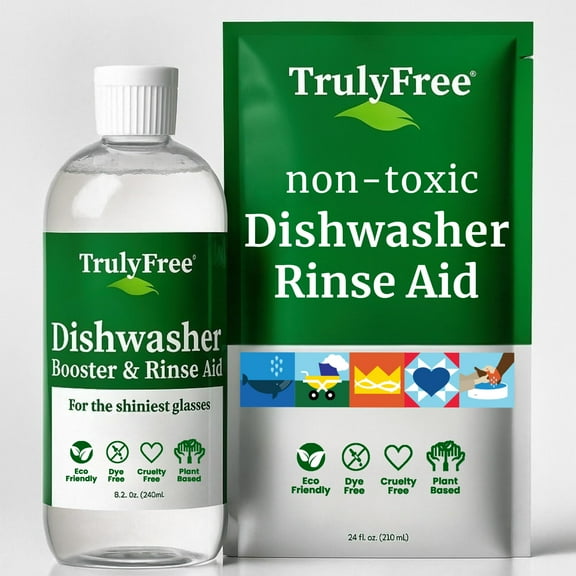 Truly Free Dishwasher Booster & Rinse Aid with 1 Reusable Empty 12 oz Bottle & 1 Refill