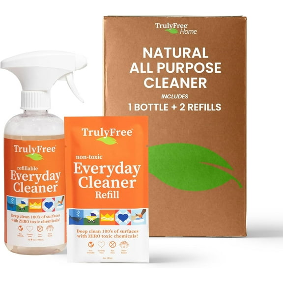 Truly Free Everyday Cleaner - Multipurpose Cleaner Spray, Kitchen Counter Cleaner, Natural Cleaning Products, Multi-Surface Household Solution, 1 Empty Bottle Spray (16oz) & 2 Refills (3oz each)