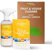 Truly Free Natural Fruit and Veggie Wash Kit - Produce Cleaner Spray 16oz Reusable Empty Bottle + Two Pouches, 3oz ea. - DIY Vegetable Washer & Fruit Cleanser