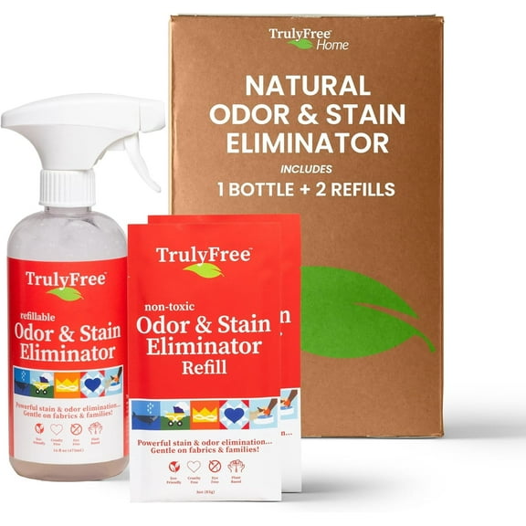 Truly Free Multi-Purpose Odor & Stain Eliminator, Pet Odor Eliminator for Home & Stain Remover for Carpet, Couch, Rugs & More, Upholstery Deodorizer, Includes 1 Empty Bottle Spray & 2 Refill (3 oz ea