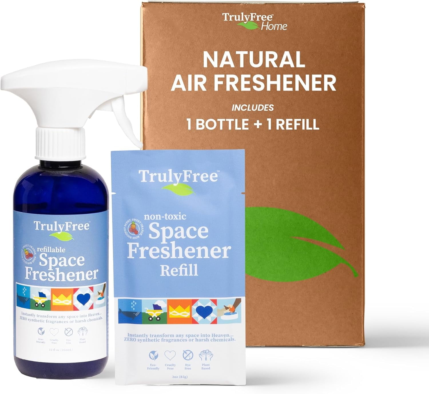 Truly Free Space Freshener Starter Kit, Lemongrass Essential Oil - Car and Air Fresheners for Home, Natural Odor Eliminator Room Spray, 16oz Spray Bottle, 1 Refill (3.4oz) No Synthetic Fragrances