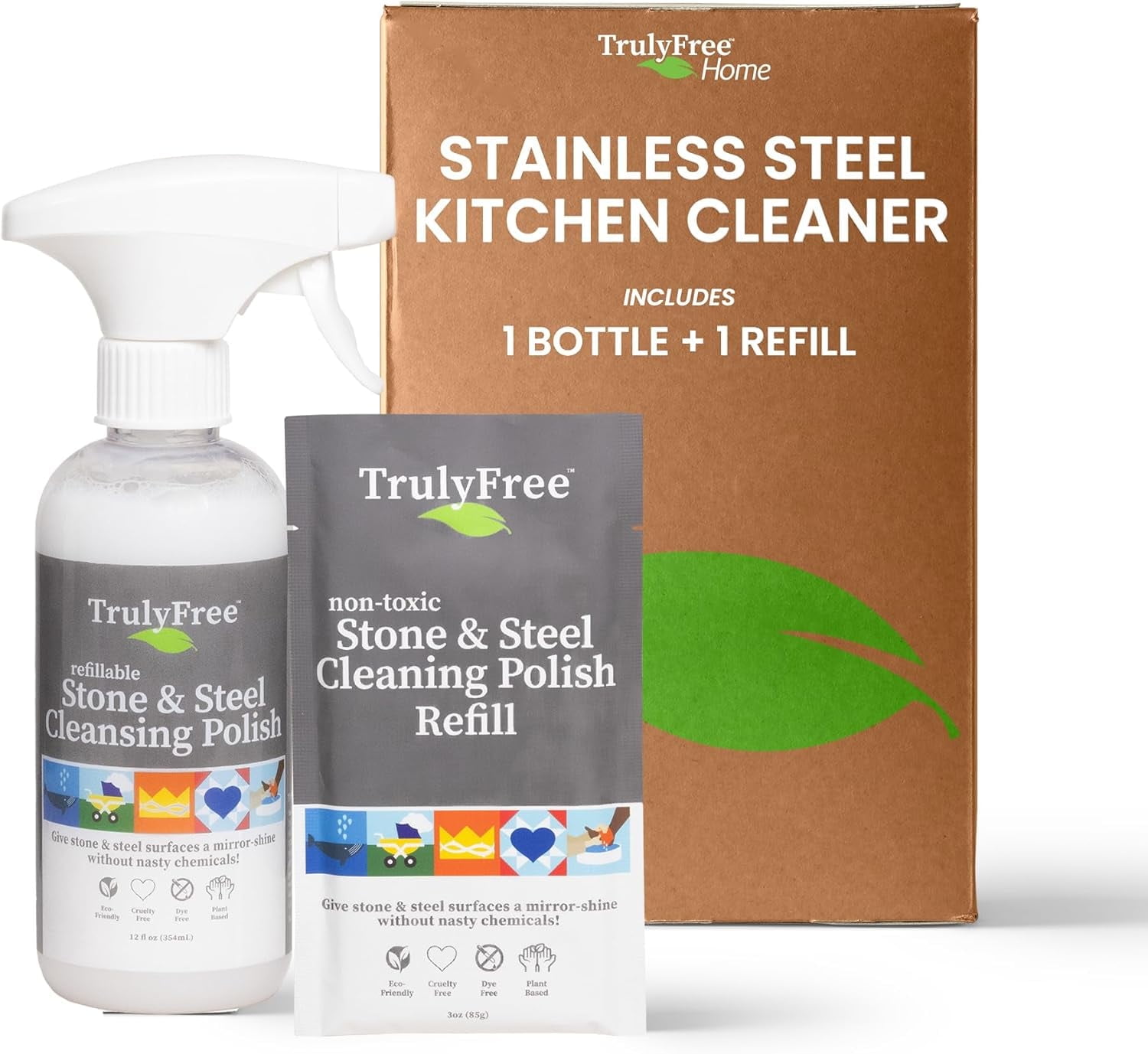 Truly Free Stone & Steel Cleansing Polish Starter Kit with 16oz Spray Bottle, 2 Refills, 16oz