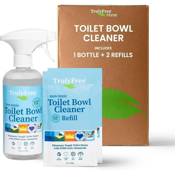 Truly Free Toilet Bowl Cleaner - Heavy-Duty Stain Remover - Septic Safe, Plant-Based Formula - Fresh Peppermint Scent - 1 Refill (3oz) with Empty Refillable Bottle