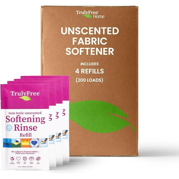 Truly Free Fabric Softening Conditioner for Clothes| Safe for Babies & Kids with Sensitive Skin | Plant-Based | Includes 4 Refills | Unscented Rinse(200 Loads)
