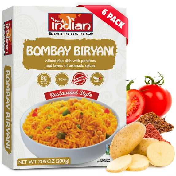 Truly Indian Bombay Biryani Rice 6-Pack | Long-Grain, Aged Basmati Rice | Vegan, Authentic Traditional Indian Rice Dishes Made With Locally Grown Ingredients | Ready to Eat, Microwaveable Meal